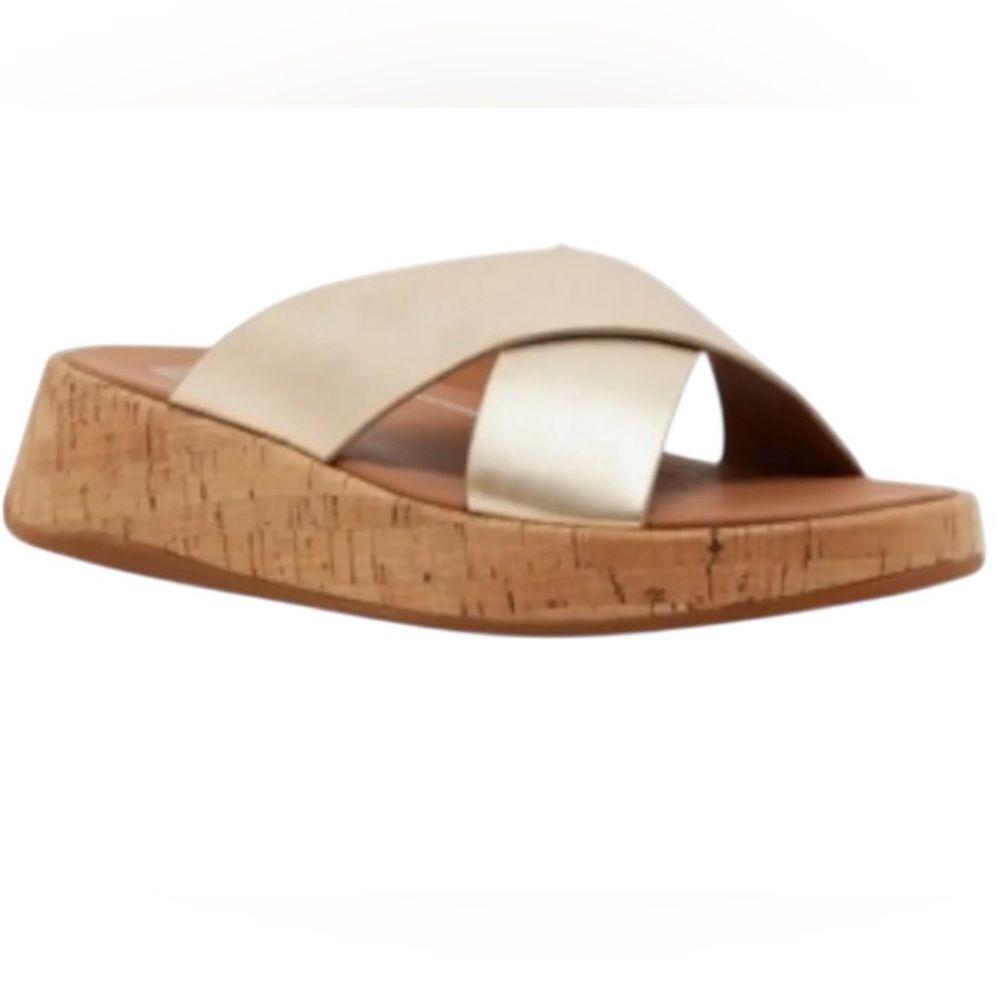 FitFlop Metallic Leather/Cork Flatform Cross Slides Women’s Sandals – 7